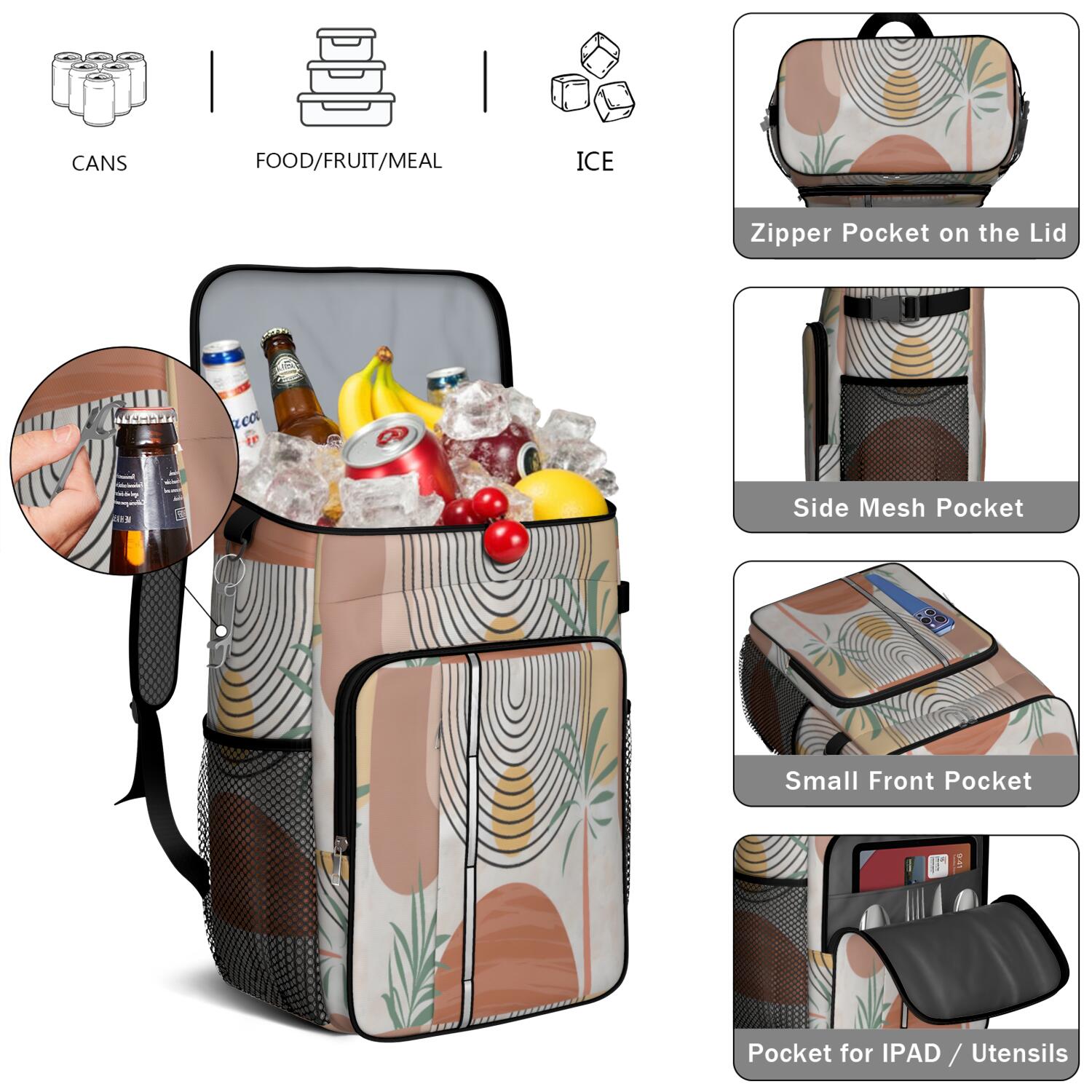 Travel Cooler Bag - Boho Bohemian Art Camping Beer Cooler Backpack with Bottle Opener- Waterproof Insulated Picnic Backpacks - Cooler Bag for Beach