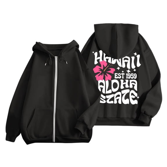 Blouses for Women Business Casual Winter Relaxed Fit Hooded Long-sleeved Kimono Cold Shoulder Zipper Floral Zip-Up Cotton Hoodies Sweatshirts(Black,L)