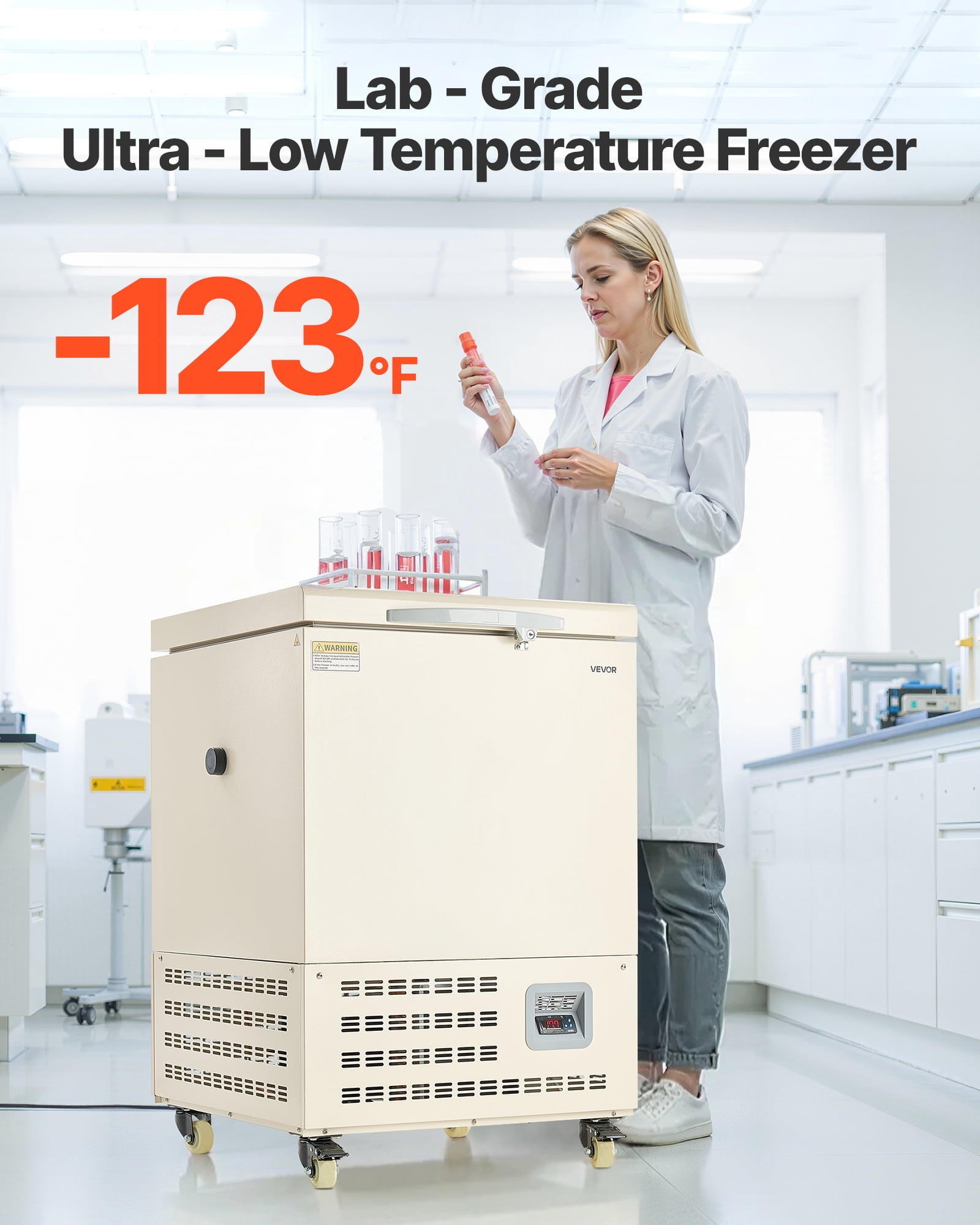 VEVOR Ultra Low Temperature Freezer,58 L, −40℉ to −123℉ Adjustable Temp Range, with Rollers and Digital Display,304 Stainless Steel Liner,Low Temperature Lab Freezer for Laboratory Samples Storage
