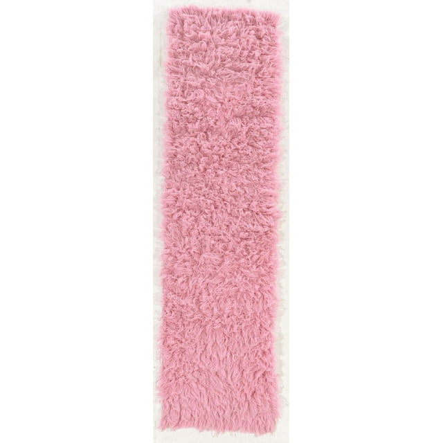 Pastel pink flokati runner rug measuring 2'4" x 8'6" with a dense, shaggy pile weighing 1400 grams.