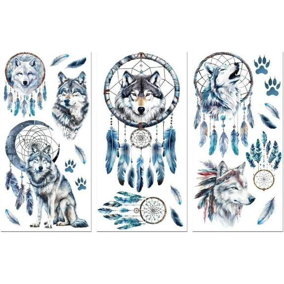 Rub on Transfer Sticker for Furniture Crafts Decor 6"x12" Blue Dreamcatcher and Wolf 3Pcs Waterproof UV DTF Transfer for Lingerie Chests Drawer Dresser Glass Porcelain Wood Plastic
