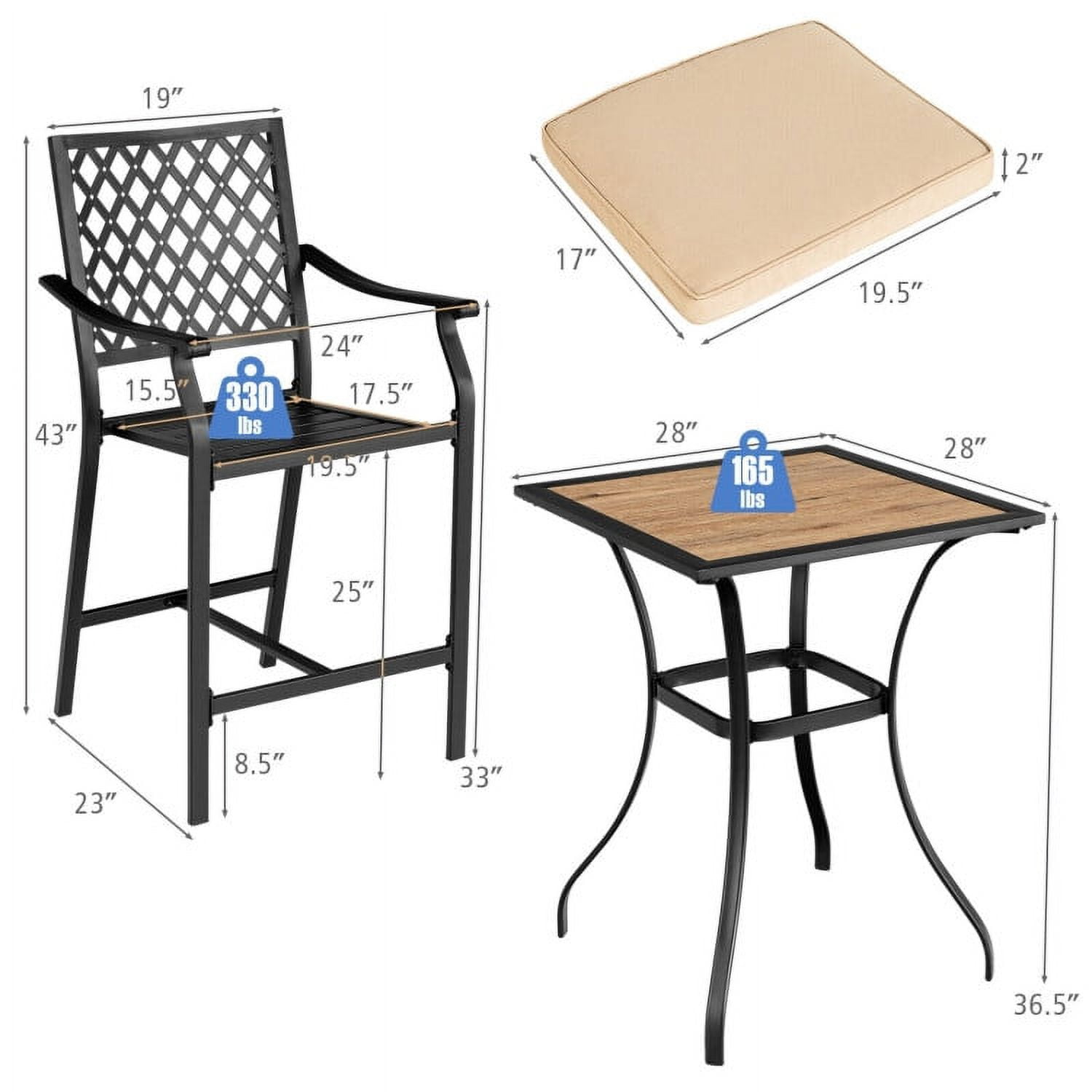 Aimee Lii 3 Pieces Patio Bar Set with 2 Bar Stools and 1 Square Table, Outdoor Patio Furniture