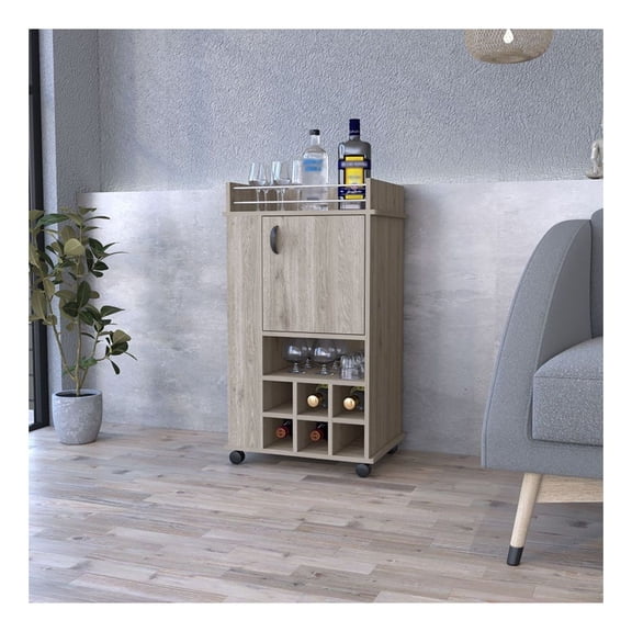 Bar Cart with Casters Reese, Light Gray Wine Rack & Storage, 6 Bottle Cubbies, Rolling Serving Cart for Home Bar, Living Room, Kitchen