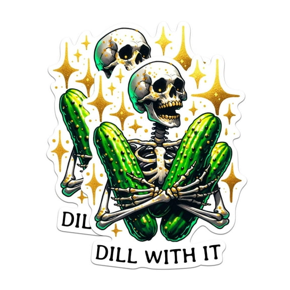 (2 Pack) Dill with It Stickers - Skeleton Holding Pickles Punny Pun Sticker - 5 Inches On Longest Side - Premium Vinyl - for Cars, Trucks, Skateboards, Laptops - Made in USA - BMCS0518