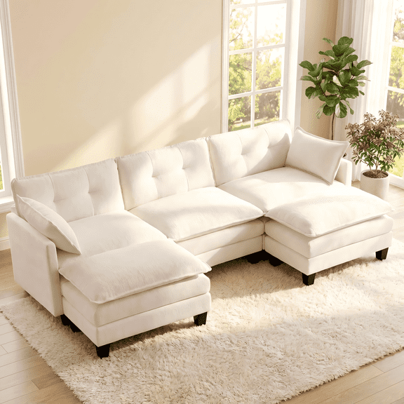Amsleekey 111.5" Modular Sectional Sofa with 2 Movable Ottomans, U-Shaped Modern Chenille Cloud Couch for Living Room, Comfy Deep Seat Large Daybed, Beige