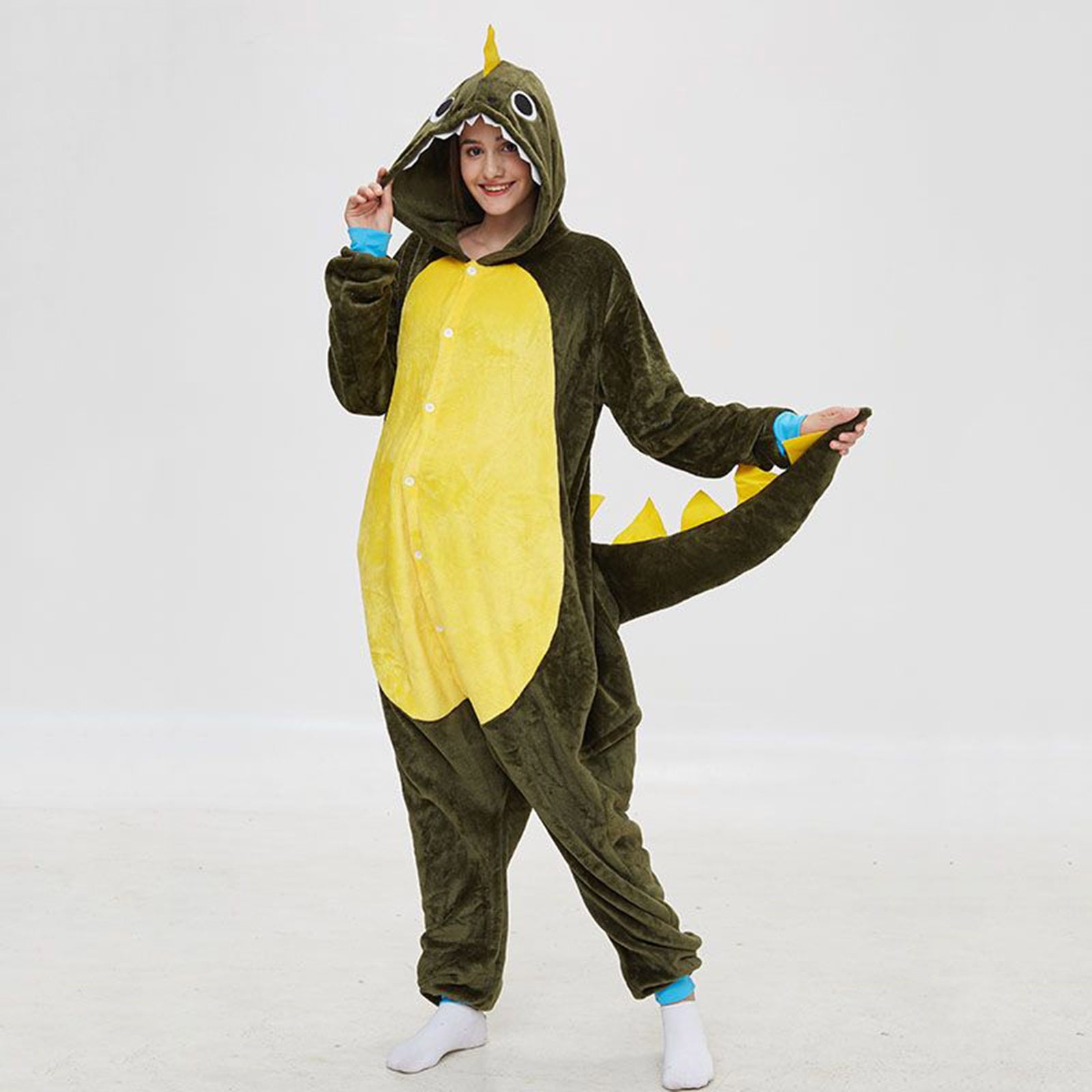 Fjofpr Womens Plush Hooded Jumpsuit Sherpa Fuzzy Pajamas 2025 Plus Size Long Sleeve Cute dinosaur One Piece Onesie Winter Warm Rompers Sleepwear Button up Pajamas Home Clothing Pajamas Army Green L