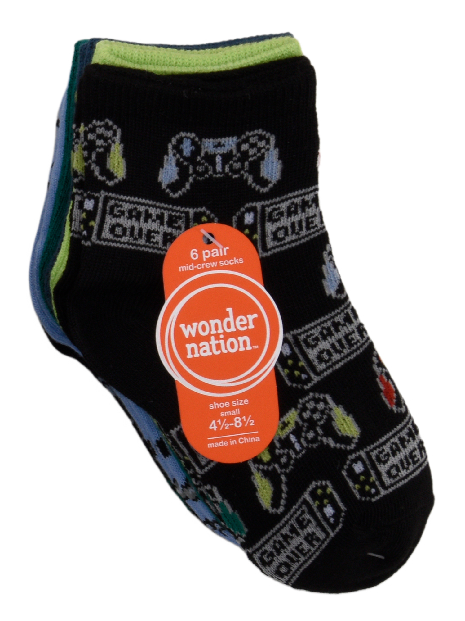 Wonder Nation Mid Crew Graphic Socks, 6-Pack Boys Shoe Size S (4-8.5) - L (3-9)