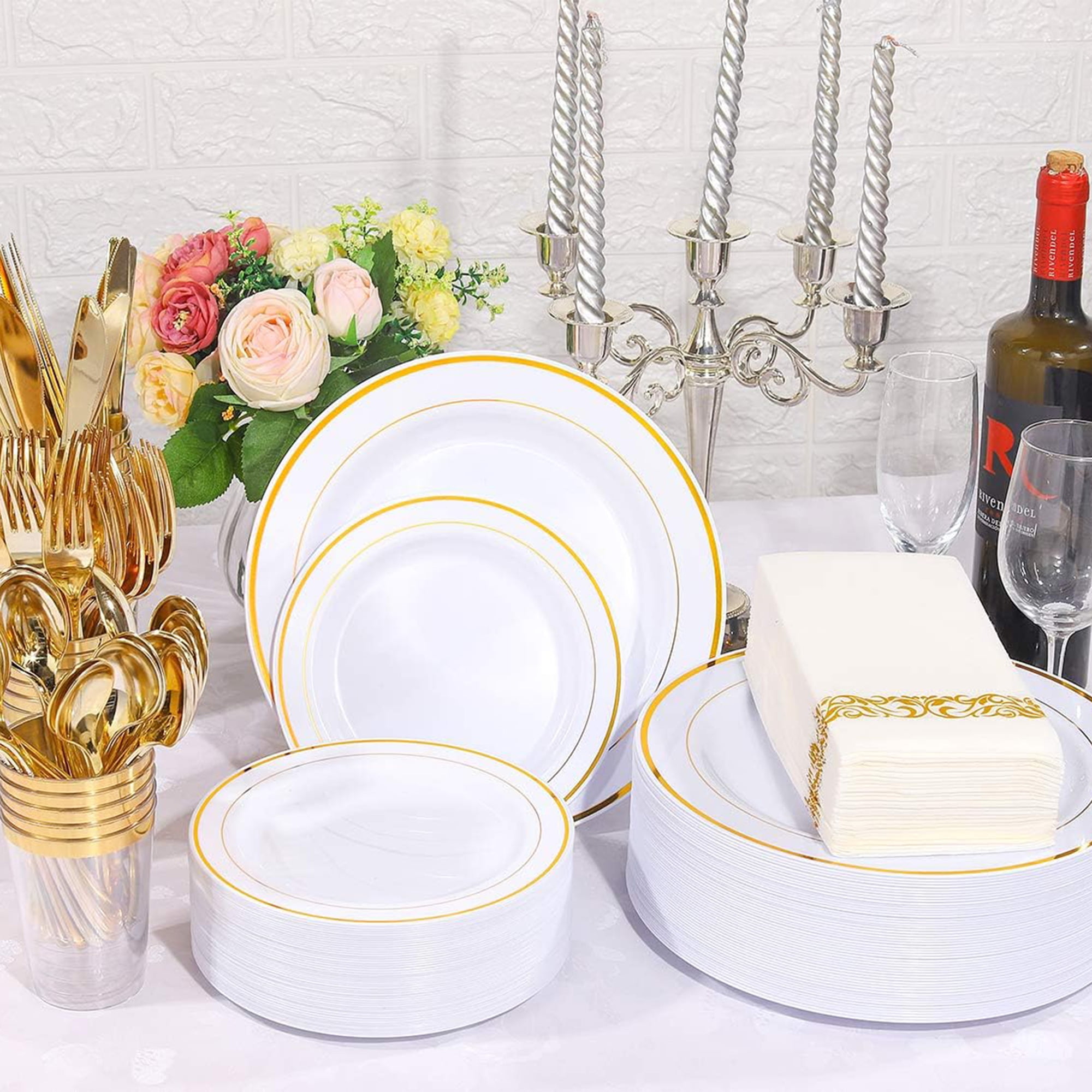 Placas de Plastico de Oro WDF con Cubiertos Desechables de Oro y Conjuntos de Servilletas de Plastico de Oro 50Guest in Ecuador at USD 72 Rating 5