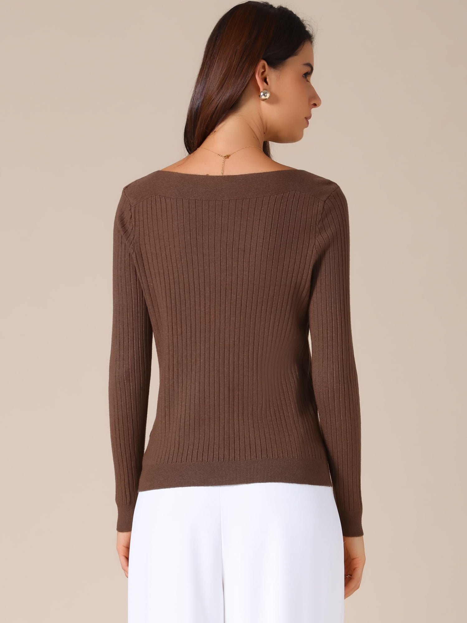 DARING DIVA Women's Boat Neck Long Sleeve Ribbed Sweaters L Coffee