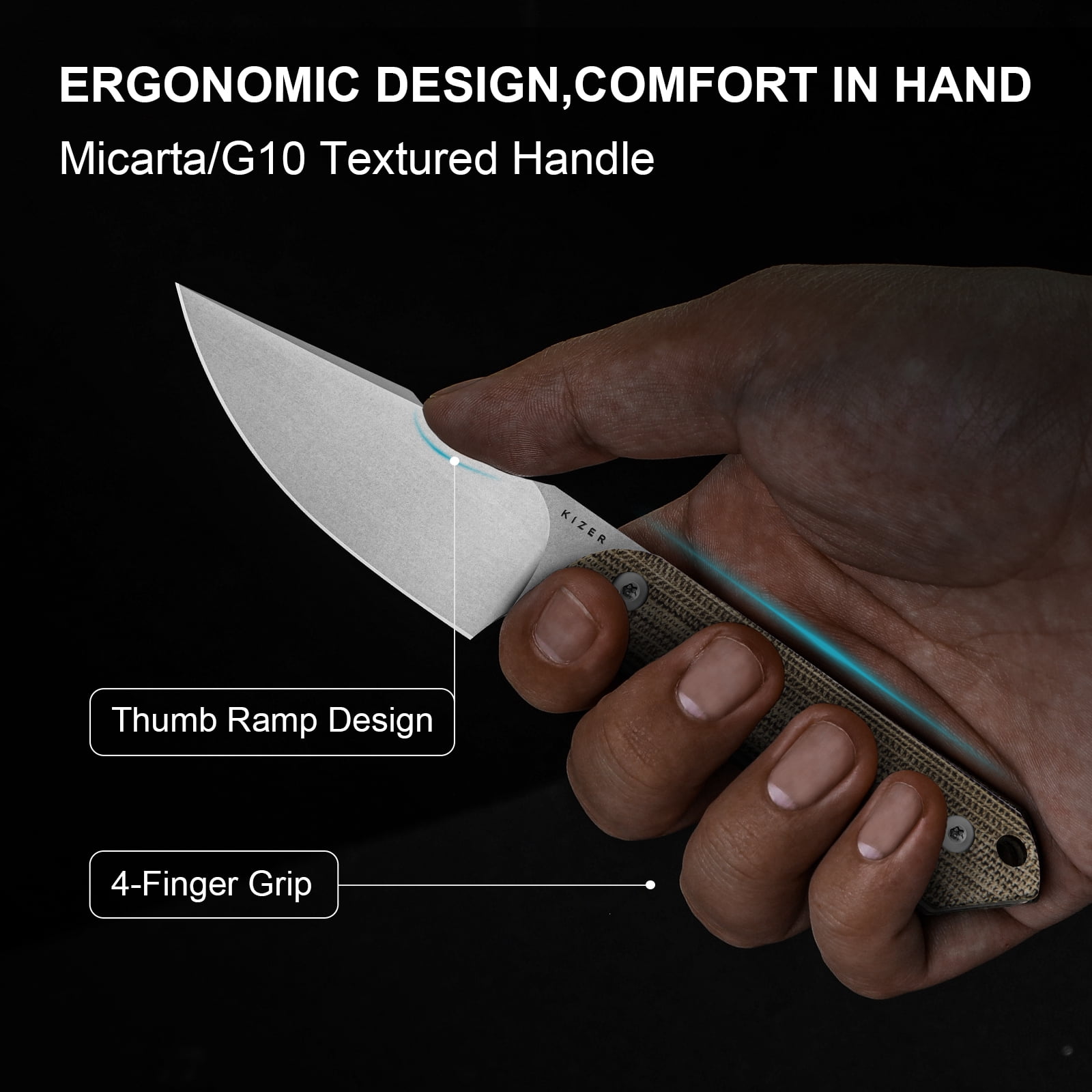 Kizer Mini Harpoon Fixed Blade Knife 3" AEB-L Blade Micarta Handle Pocket Tactical Knives 1040S7, Camping Hiking, Brown
