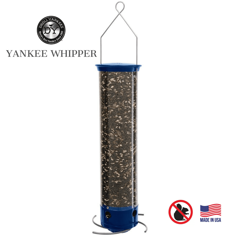 Droll Yankees Squirrel Proof Bird Feeders for Outdoors - Whipper, Collapsible Perches, 5-Pound Seed Capacity, Blue