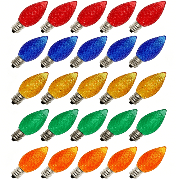 HIBIBUD 25 Pack C7 Faceted LED Multicolor Replacement Light Bulbs for Christmas Strings,0.7W LED Vintage Light Bulbs for C7 Outdoor String Lights,Candle Lamps,Night Lights,E12 Candelabra Base