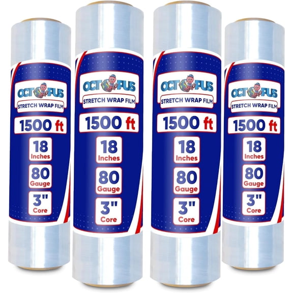 OCTOPUS Stretch Wrap,  Strength 4 Roll Clear, 18” x 1500 feet, 80 Gauge (20 Micron), Heavy Duty Plastic Shrink Film for Packing, Wrapping, Bundling, Shipping, Pallets, and Moving Essentials