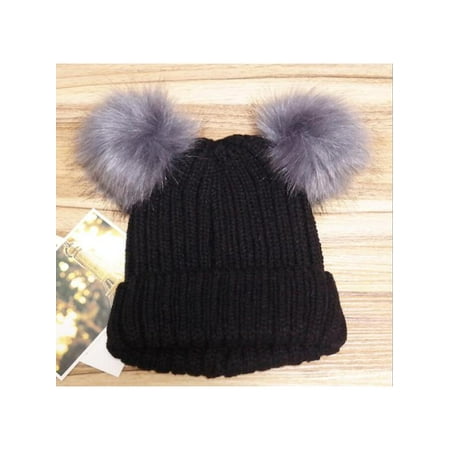 - New Women's Winter Outdoor Warm Chunky Knit With Double Fur Pom Pom Cute Beanie Hats