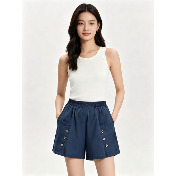 Zynoxe Shorts for Women with Button Pockets Lightweight Breathable Cotton Linen Shorts Comfort Elastic Waistband Mid-Thigh Wide Leg Shorts Relaxed Loose Fit Solid Color Summer Beach Shorts S