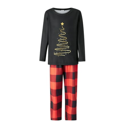 

Sedceaty Family Matching Christmas Pajamas Christmas Tree Print Long-Sleeved Tops + Elastic Waist Plaid Pattern Trousers/Romper