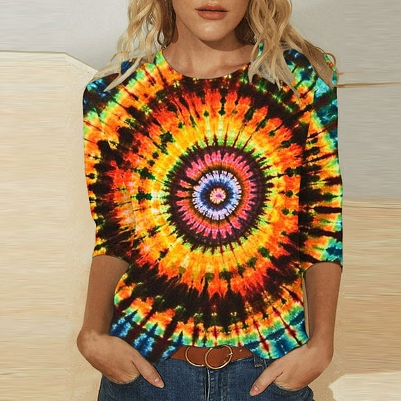 Fznquz 3/4 Sleeve T Shirt Women Crewneck Tie Dye Tee Casual Rainbow Tie Dye Womens Clothes L