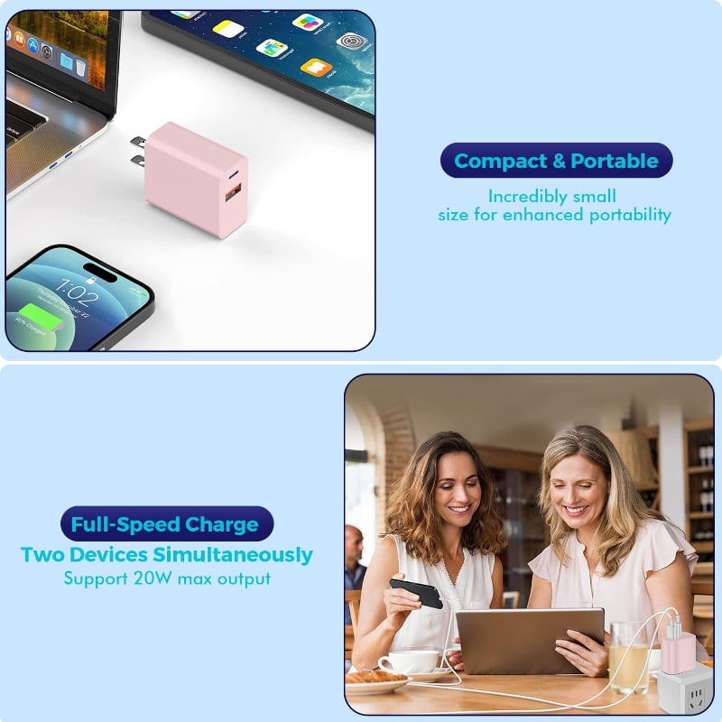 15 Charger Block, 2-Pack 20W Dual Port PD Fast USB C Wall Charger Adapter + USB A Fast Charging Brick Plug, Compatible with 15/14/13/12/11/Pro Max/Plus/XS/XR/X, AirPods, Etc.