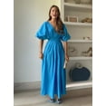 thumbnail image 1 of Vestido largo elegante 3d con flores plisado liso para mujer, vestido elegante con cuello en V, manga corta, cordón, batas con cordones, ropa de calle de verano para mujer, 1 of 5
