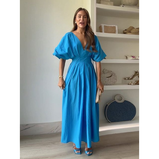 Vestido largo elegante 3d con flores plisado liso para mujer, vestido elegante con cuello en V, manga corta, cordón, batas con cordones, ropa de calle de verano para mujer