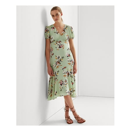 RALPH LAUREN Womens Green Stretch Zippered Shirred Lined Floral Pouf Sleeve V Neck Midi Wear To Work Fit + Flare Dress 0