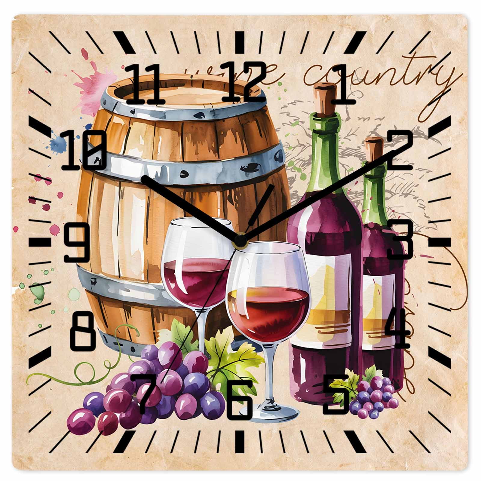 Vintage Watercolor Wine Wooden Wall Clock Silent Non Ticking, Farmhouse Cask Grapes Country Square