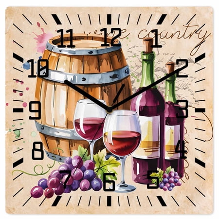Vintage Watercolor Wine Wooden Wall Clock Silent Non Ticking, Farmhouse Cask Grapes Country Square Wall Clocks Battery Operated, Decor Clock for Home Office, Living Room, Kitchen, 12 Inch
