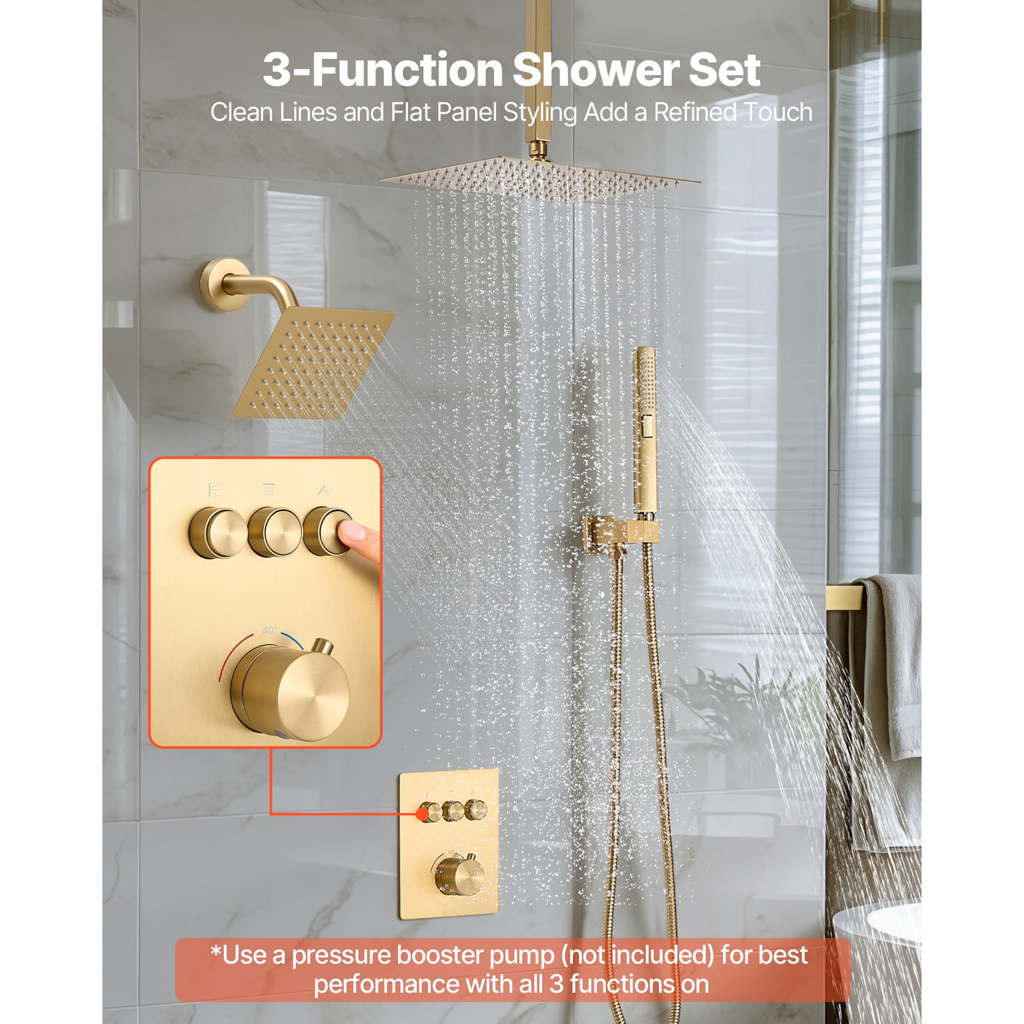 KFFKFF 12-Inch Thermostatic Ceiling Rain Shower System with Wall-Mounted Head and Handheld Spray, 3-Function Dual Rain Head with Brass Valve Trim Kit, Brushed Gold