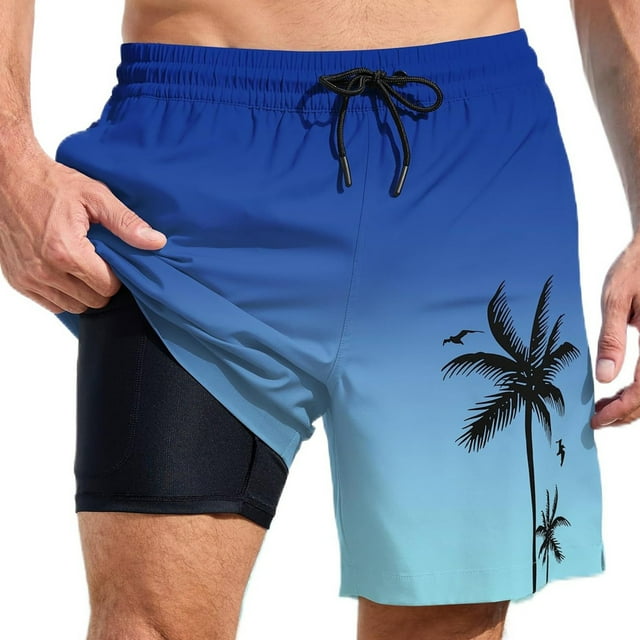 YUEVE Beach Shorts for Men 2 in 1 Compression Liner 7 Inch Inseam, Mens Swim Trunks Gradient Hawaiian Print Quick Dry Bathing Suit with Pockets Blue S