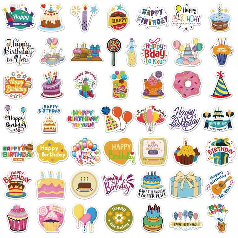 Prosgs 50pcs Birthday Stickers Various Hat Balloon Blessings Birthday Cake Cute Decals Waterproof DIY Decoration PVC Cartoon Stickers Luggage Case