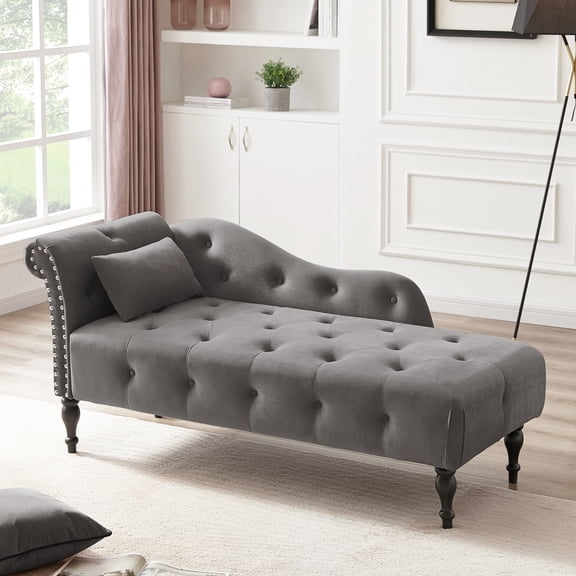 Elegant Velvet Chaise With Button Tufting, Wood Legs, Grey Decoration 60.6" Buttons, Nailhead Trim & Pillow - Create A Relaxing Atmosphere In Your Bedroom
