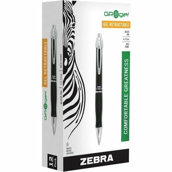 Zebra Pen GR8 Gel Pen, Retractable, Conical, 0.7 mm, Black Ink, 12 Count