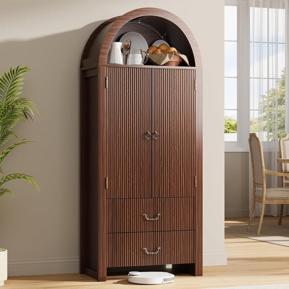 71" Tall Fluted Arched Bookshelf with Doors, Wood Pantry Storage Cabinet with 2 Large Drawers, Modern Versatile Bookcase for Living Room, Kitchen, Dining (Dark Walnut)