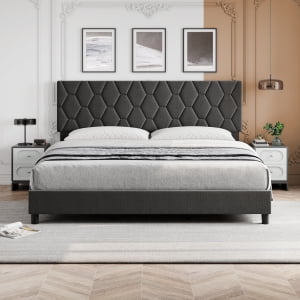 Rugerasy KING Size Bed Frame with Upholstered Headboard,Heavy-Duty Platform Bed Frame with Strong Wood Slats,No Box Spring Needed/Noise Free/Easy Assembly,Light Grey