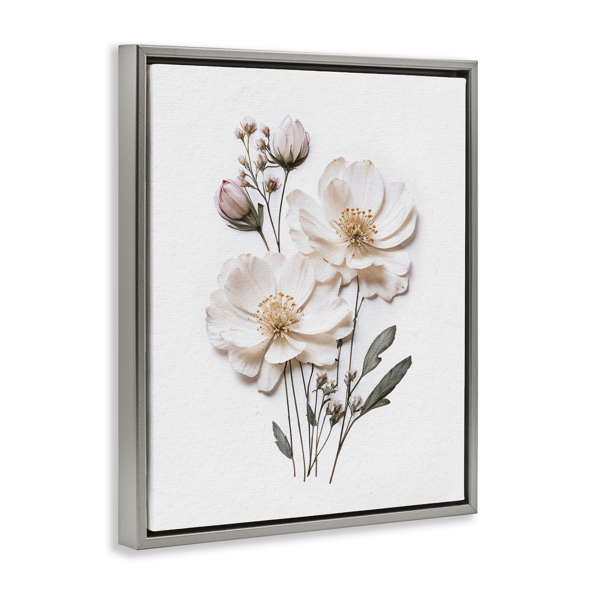 Elegant Pressed Flowers Gray Framed Floater Canvas Wall Art, design by Lettered and Lined