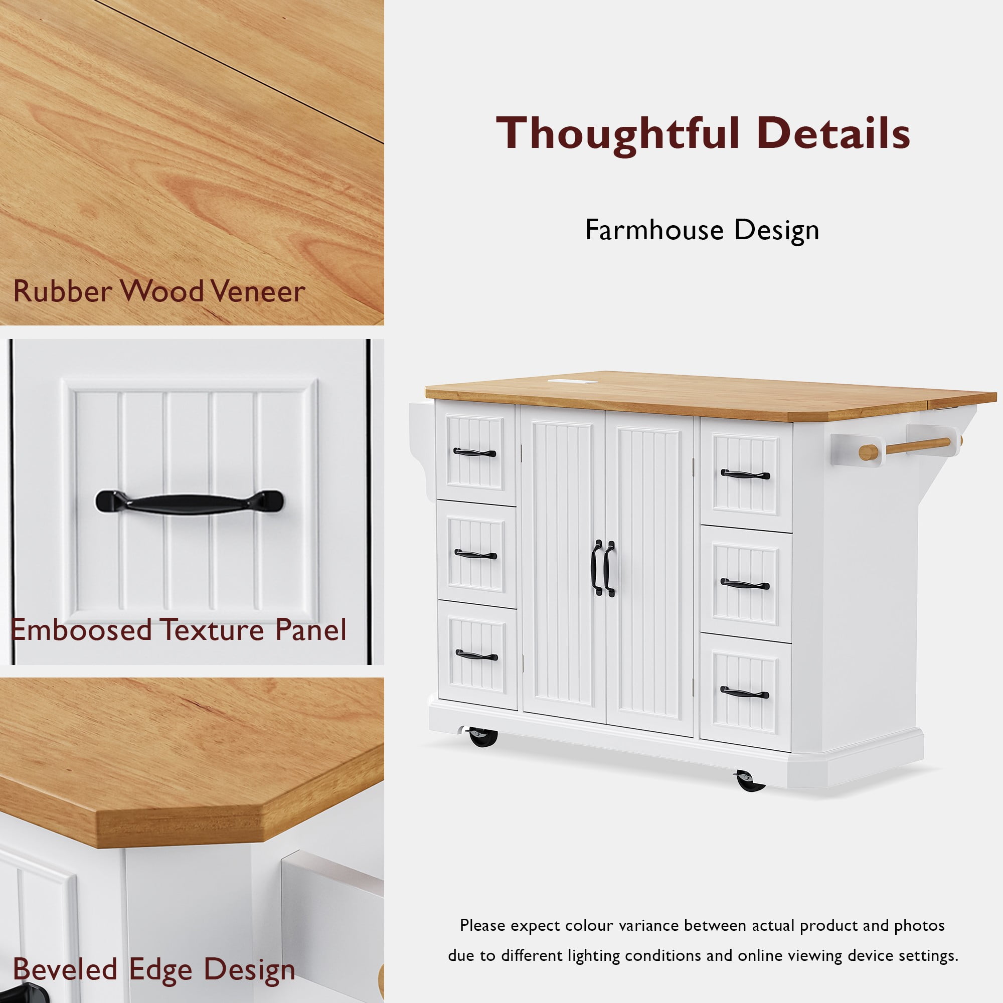 DTTRA 56" Kitchen Island with Drop Leaf & Power Outlet, Rolling Kitchen Cart on Wheels with 6 Drawers, 4-Door Shelves & Rubber Wood Top, Mobile Storage Cabinet for Kitchen & Dining Room, White