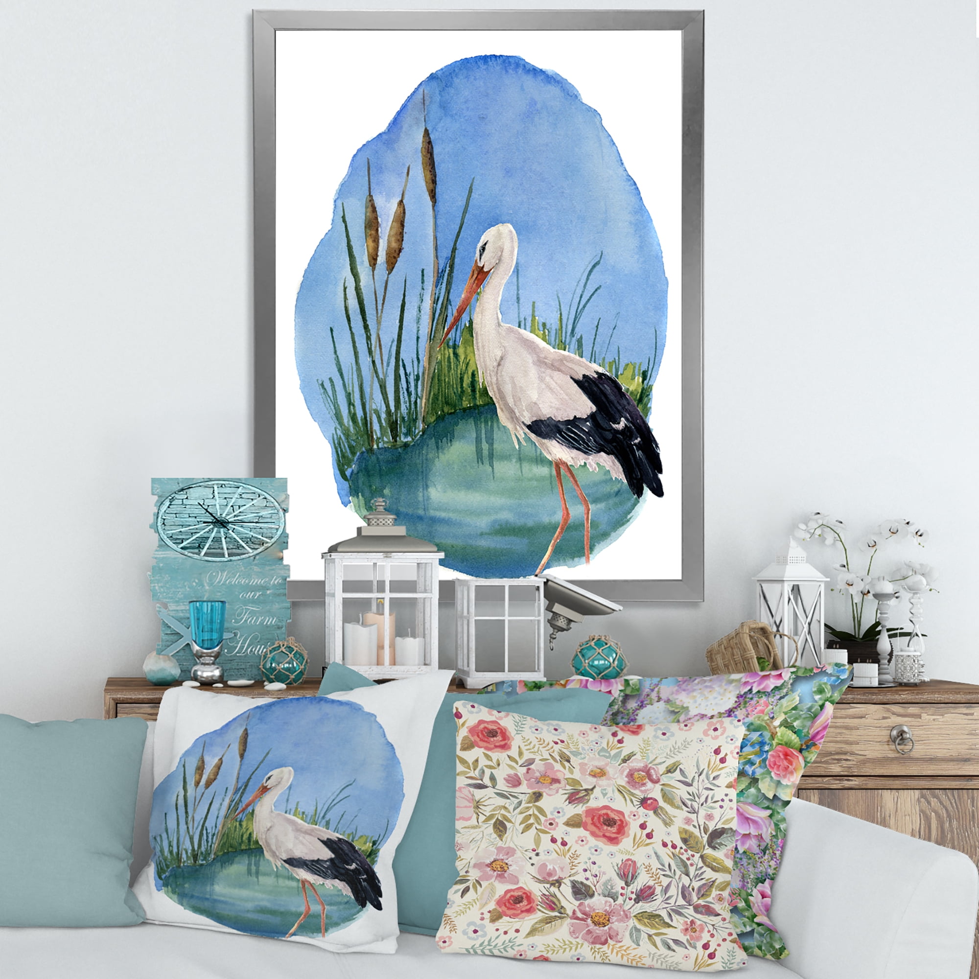 Designart 'White Stork On The Swamp Blue' Traditional Framed Art Print