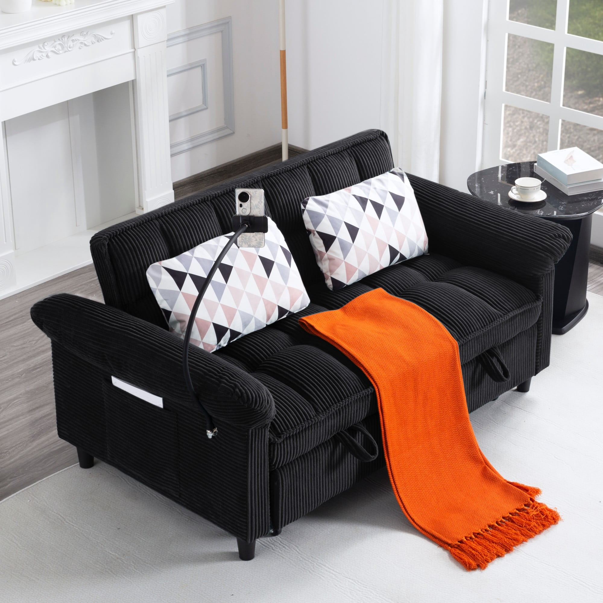 BSHTI 58.27" Corduroy Convertible Sofa Bed with Pull Out Sleeper, 3-Position Backrest, Storage Pocket for Living Room Guest Room, Black（Black）