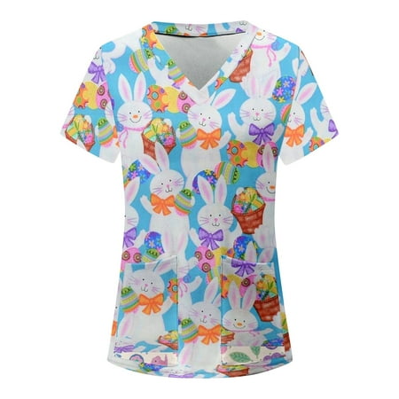 

Easter Scrubs Tops Women Nurse Working Uniforms Cartoon Printed V Neck Short Sleeve Medical Scrub Shirts /M