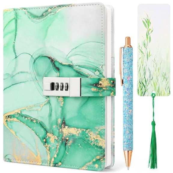 sixwipe Lockable A5 PU Leather Journal with Combination Lock, Ballpoint Pen And DIY Bookmark Kit, Planner Organizer, Great Gift, 8.7" x 5.9", Cyan