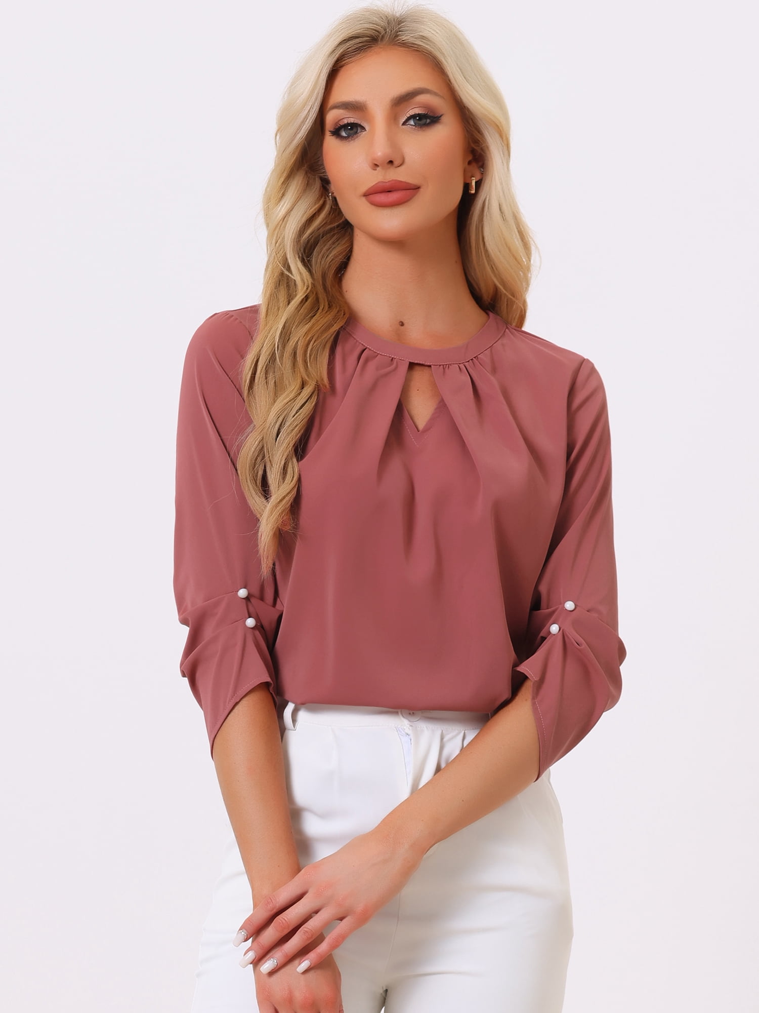 DARING DIVA Round Neck Keyhole Pleated Shirred Work Top M Carmine Red