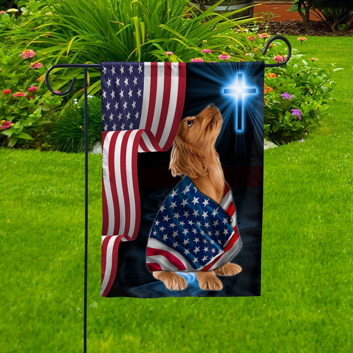 Boston Terrier Dog Wearing Flag American Faith Cross 4th of july, Dog Decor American Flag House Flag, Double-Sided Decorative Outdoor Flag, Polyester Yard Flag 29.5 x 39.5 in