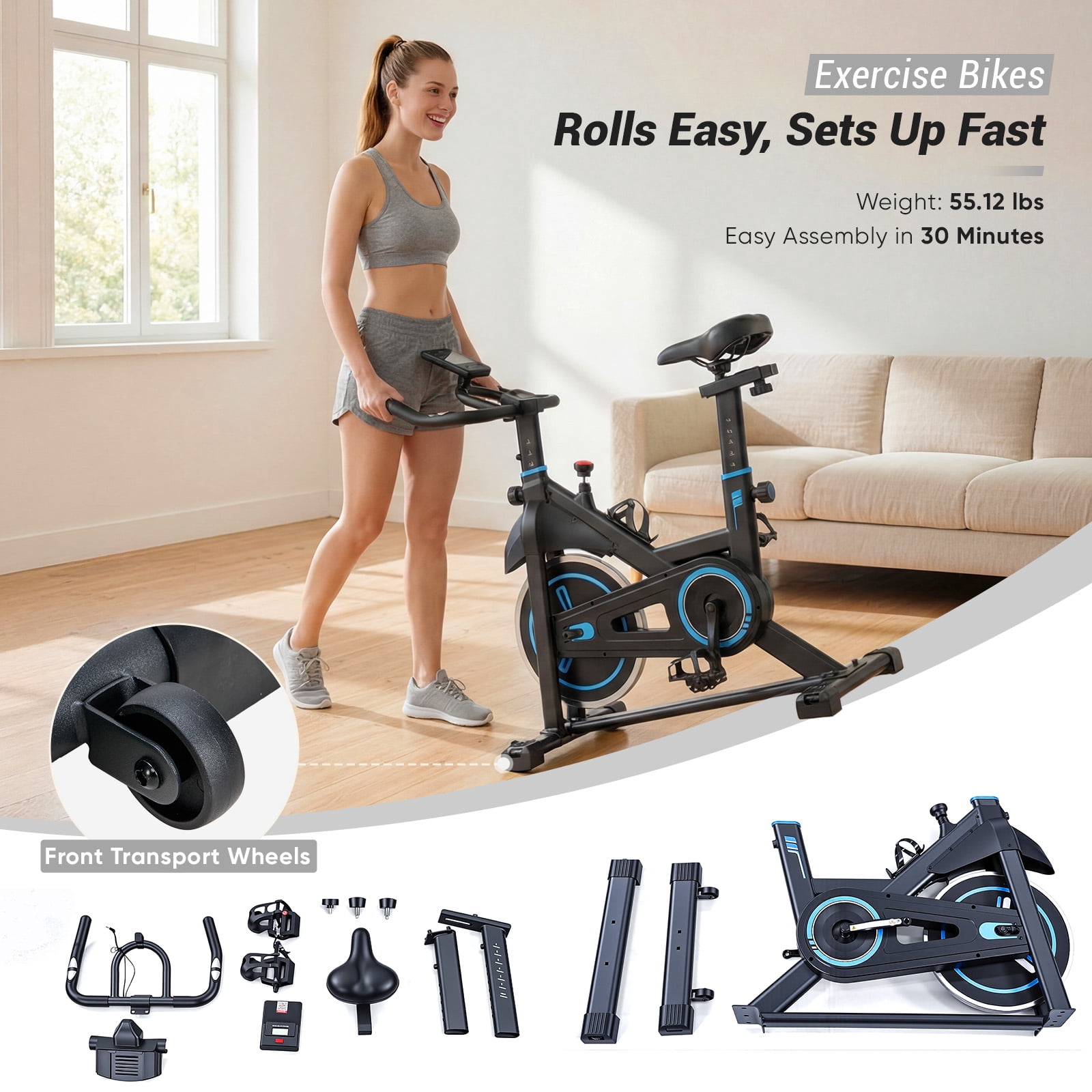 SHOUFTW Home Exercise Bike with APP Control, Magnetic Resistance Bike, Quiet Indoor Stationary Cycle 300lb Capacity, Black Blue