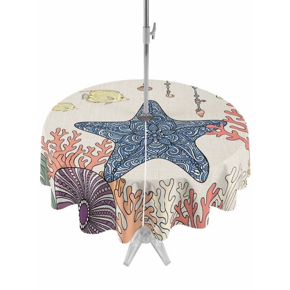 Outdoor Tablecloth with Umbrella Hole Zipper Coastalfish Round Tablecloth 60" Waterproof Outside Table Cloth Vintage Ocean Fish Seaweed Marine Coral Patio Table Cover Tablecloths for Picnic Party