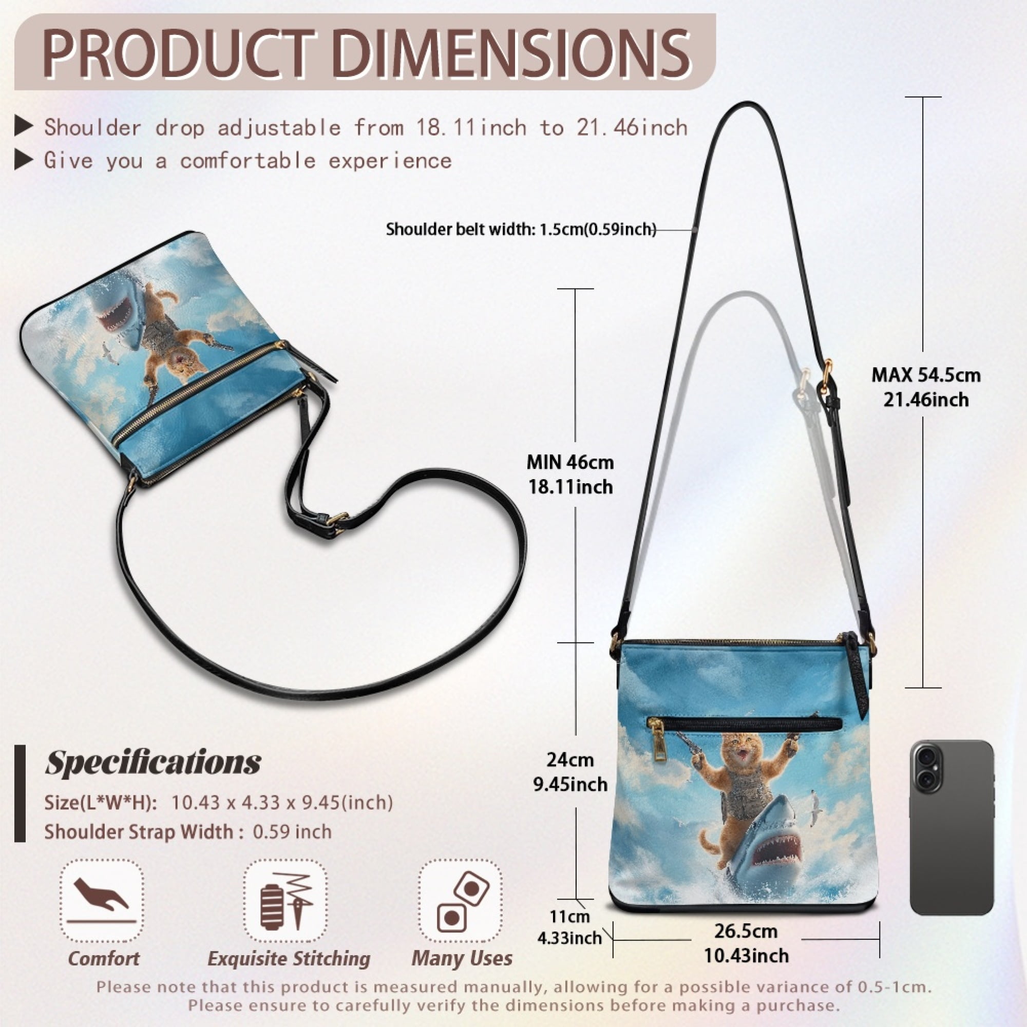 Kuiaobaty Cat Shark Print Crossbody bag for Women, Roomy Multi Pockets Vegan Leather Shoulder Handbag Crossbody, Large Capacity Messenger Purse with Adjustable Strap for Travel