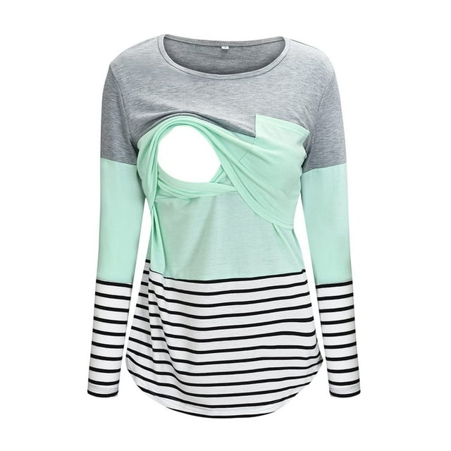 Heliisoer Maternity Round Neck Stripe Patchwork Long Pregnant Woman Nursing Blouse