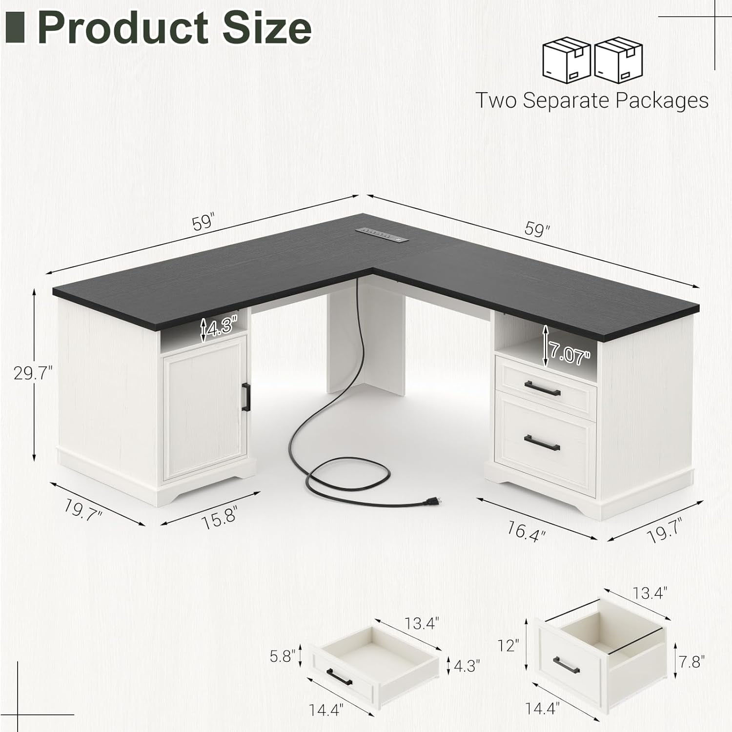 Homieasy L Shaped Executive Desk with File Drawers, 60" Corner Computer Desk with Power Outlets, Large 2 Person Home Office Table with Storage Cabinet, Sturdy Writing Desk, White and Black
