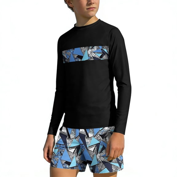 Atogsazn Kids Boys Athletic Swimsuit Childrens Rash Guard Long Sleeve Swimwear and Shorts Slim Fit Beach Bathing Suit Black 13-14Years Fashion