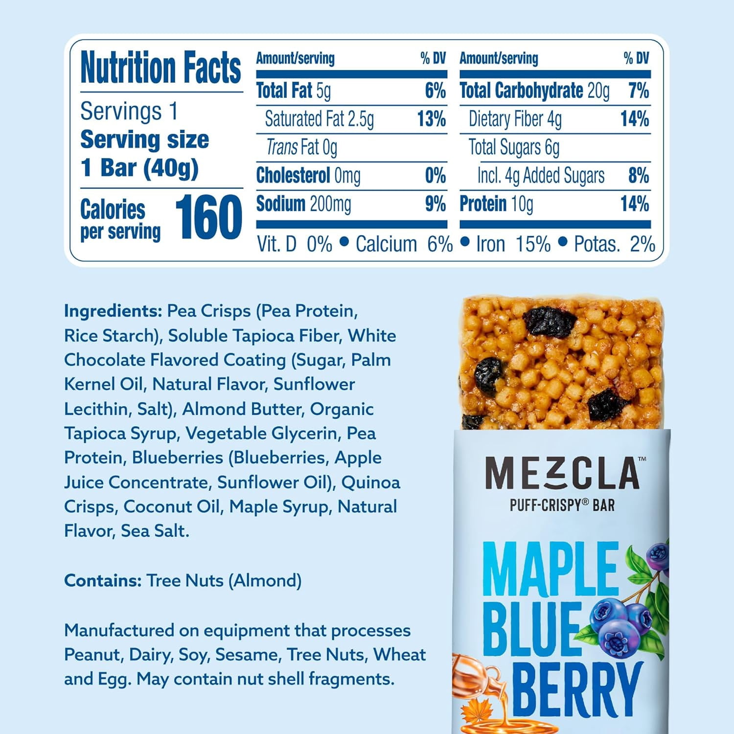 Mezcla Puff-Crispy Plant Based Protein Bars - Maple Blueberry - Healthy Snacks for Adults & Kids - Granola Bars for School, Travel, Office Snacks - Gluten Free, Vegan, Non GMO, 10g Protein - 12 Count