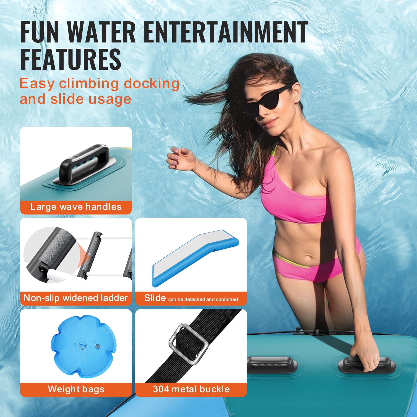 VEVOR Inflatable Water Bouncer, 10ft Recreational Water Trampoline, Portable Bounce Swim Platform with Slide,3-Step Ladder & Electric Air Pump,Kid Adult Floating Rebounder for Pool Lake Water Sports